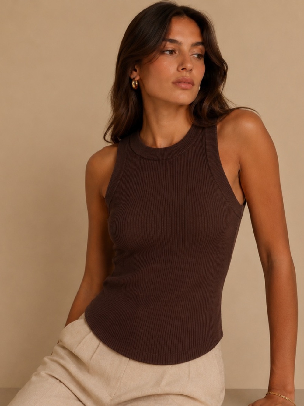 Zara Chocolate Brown Cutaway Ribbed Sleeveless Tank Top